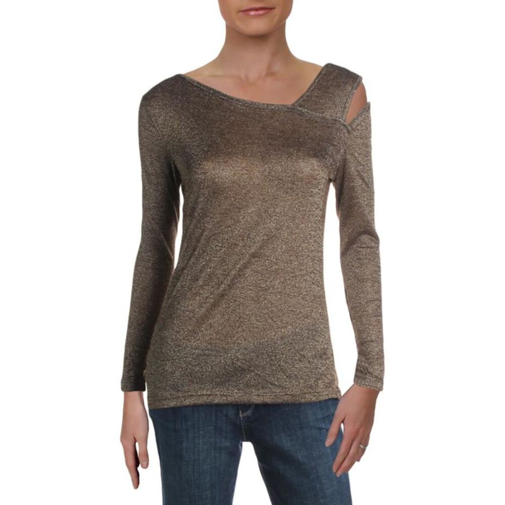 4OUR DREAMERS Womens Gold Long Sleeve Asymmetrical Neckline Party Top XS